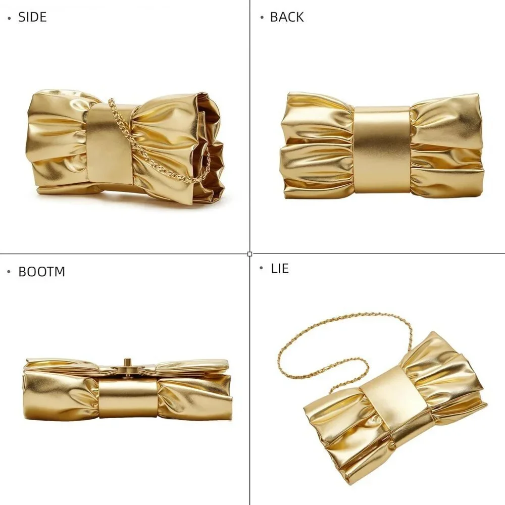Women's Silver Pu Leather Zipper High Quality Metal Small Bow Crossbody Clutch